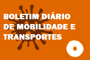 Imagem em cor laranja, com desenho de vírus em marrom e, em branco, os dizeres "Boletim Diário de Mobilidade e Transportes"